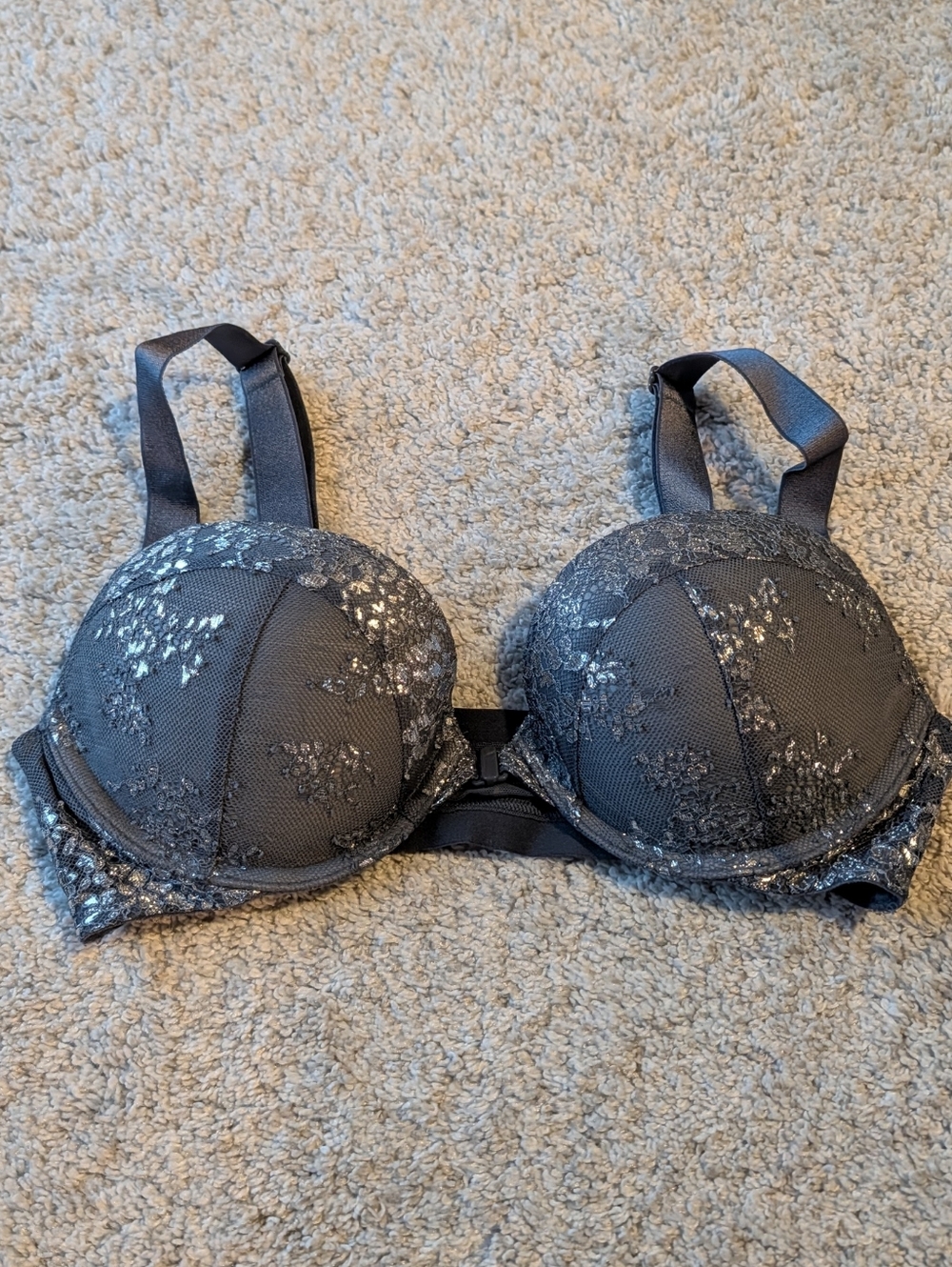 Victoria's Secret Charcoal Gray And Foil Lace Padded Bra